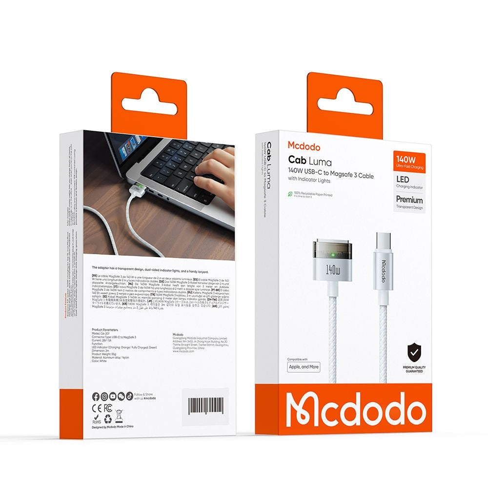 Câble de charge McDodo CA-2071, USB-C - MagSafe 3, 140W, 2m, Blanc