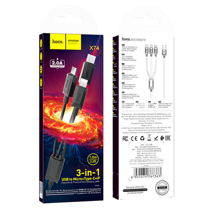 Câble de Chargement USB-A - Lightning / microUSB / USB-C HOCO X74 3en1, 18W, 1m, Noir