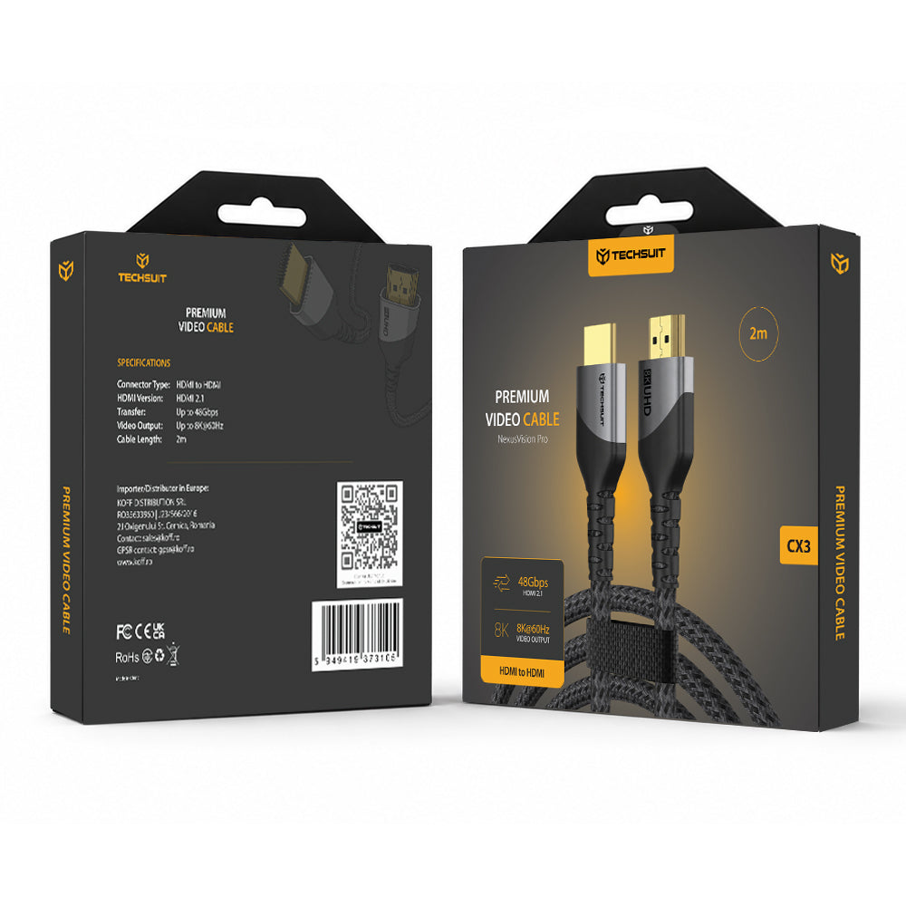 Câble vidéo Techsuit NexusVision Pro CX3, HDMI - HDMI, 8K, 2m, Gris