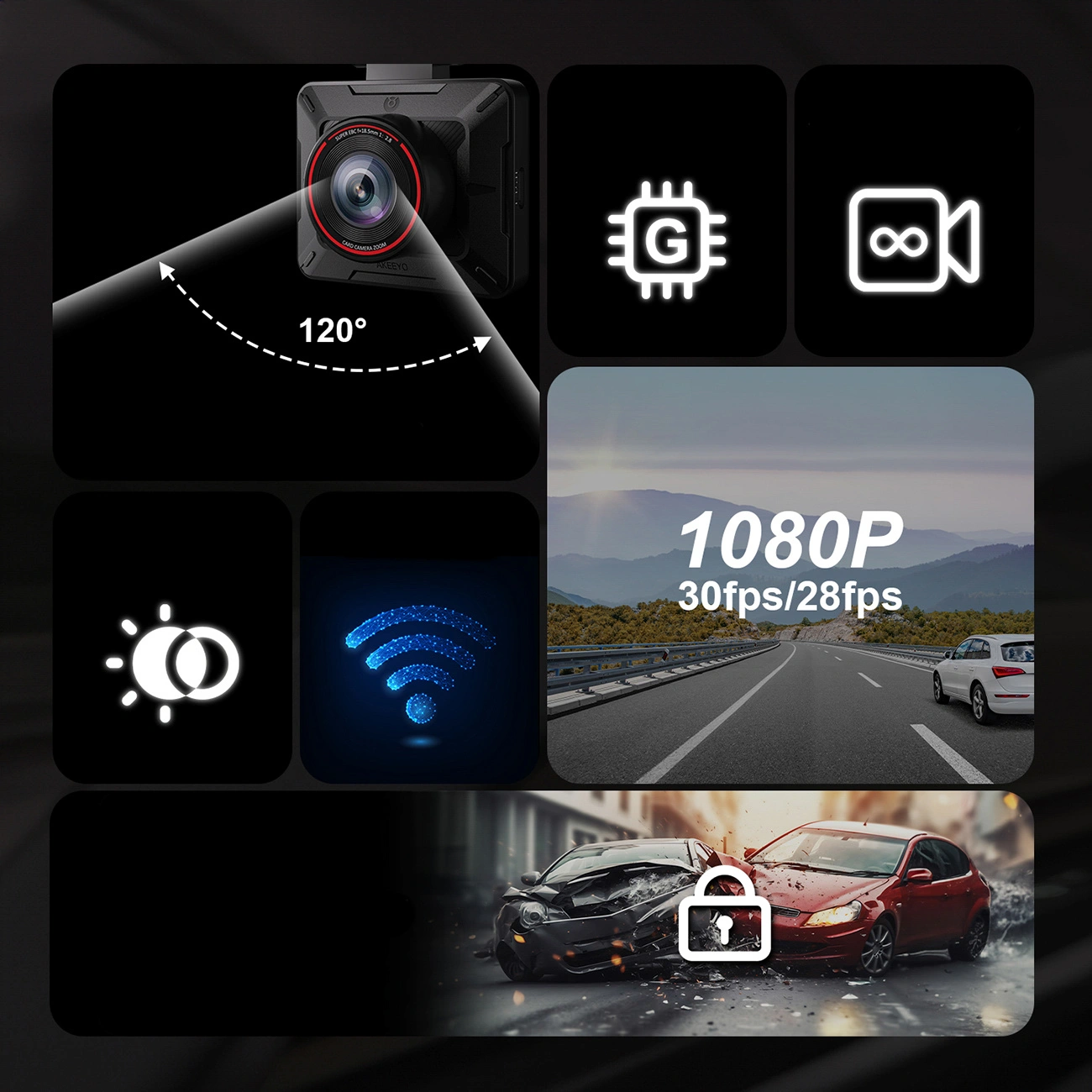 Caméra Auto Akeeyo P1, 1080P, Wi-Fi