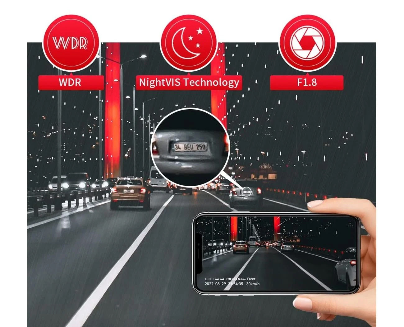 Caméra Auto Avant Arrière DDPAI mola N3 Pro, 1600P, Wi-Fi