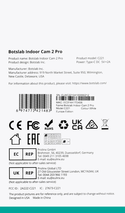 Caméra de surveillance Botslab 2 Pro C221, Wi-Fi, 3K, intérieur 