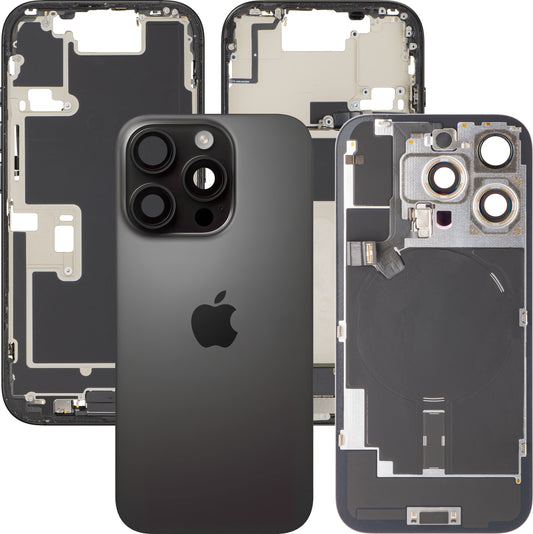 Apple iPhone 16 Pro Battery Cover, With Middle Frame, Full Parts, Black (Black Titanium), Swap