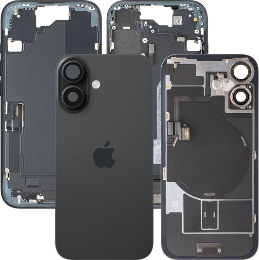 Couvercle de batterie Apple iPhone 16, avec boîtier intermédiaire, pièces complètes, noir, échange