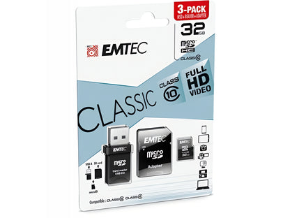 Carte mémoire microSDHC Emtec C10 Classic, 32Gb, Classe 10, avec lecteur de carte et adaptateur ECMSDM32GHC10CGRA2