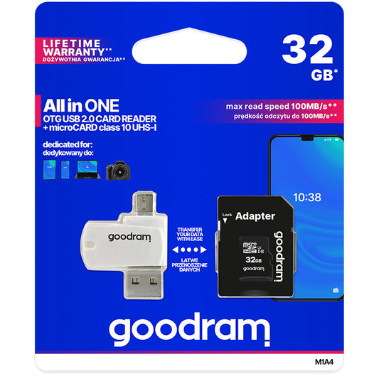 Carte Mémoire microSDHC GoodRam, 32Gb, Classe 10 / UHS-1 U1, Avec Lecteur de Carte et Adaptateur M1A4-0320R12
