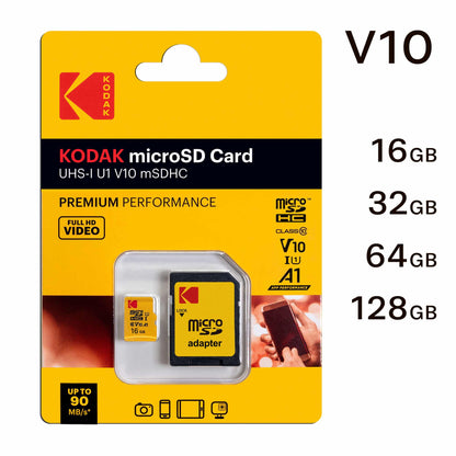 Carte mémoire microSDHC Kodak Premium Performance, 16Gb, Classe 10 / UHS-1 U1, Avec Adaptateur EKMSDM16GHC10K