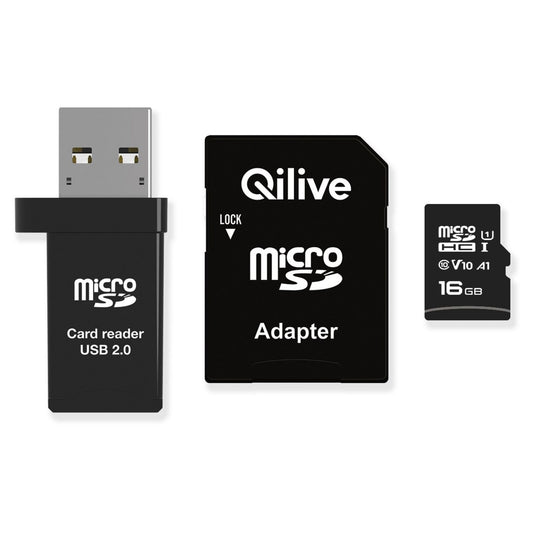 Carte Mémoire microSDHC Qilive, 16Gb, Classe 10, Avec Lecteur de Carte et Adaptateur EKMSDM16GHC10QL