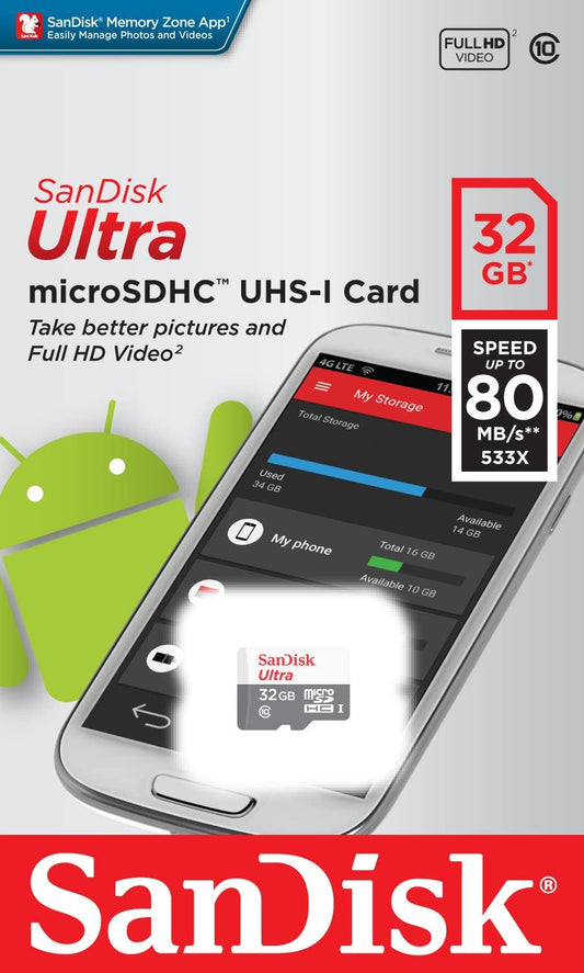 Carte mémoire microSDHC SanDisk Ultra Android, 32 Go, Classe 10 / UHS-1 U1 SDSQUNR-032G-GN3MN SDSQUNR-032G-GN3MN