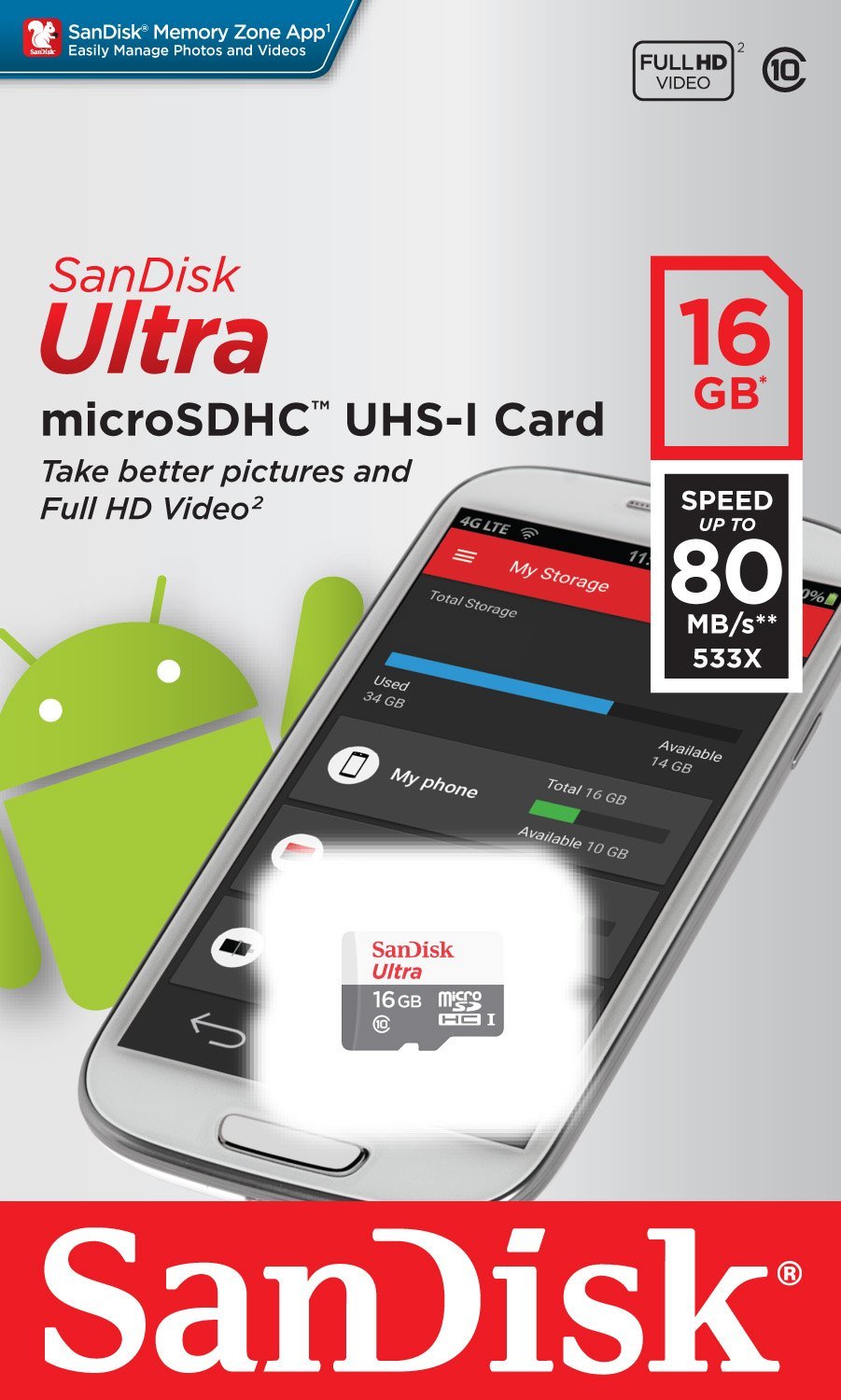 SanDisk Ultra Android carte mémoire microSDHC microSDHC, 16 Go, Classe 10 / UHS-1 U1 SDSQUNS-016G-GN3MN SDSQUNS-016G-GN3MN