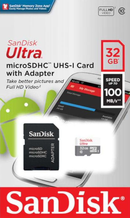 Carte mémoire microSDHC SanDisk Ultra, 32Go, Classe 10, Avec Adaptateur SDSQUNR-032G-GN3MA