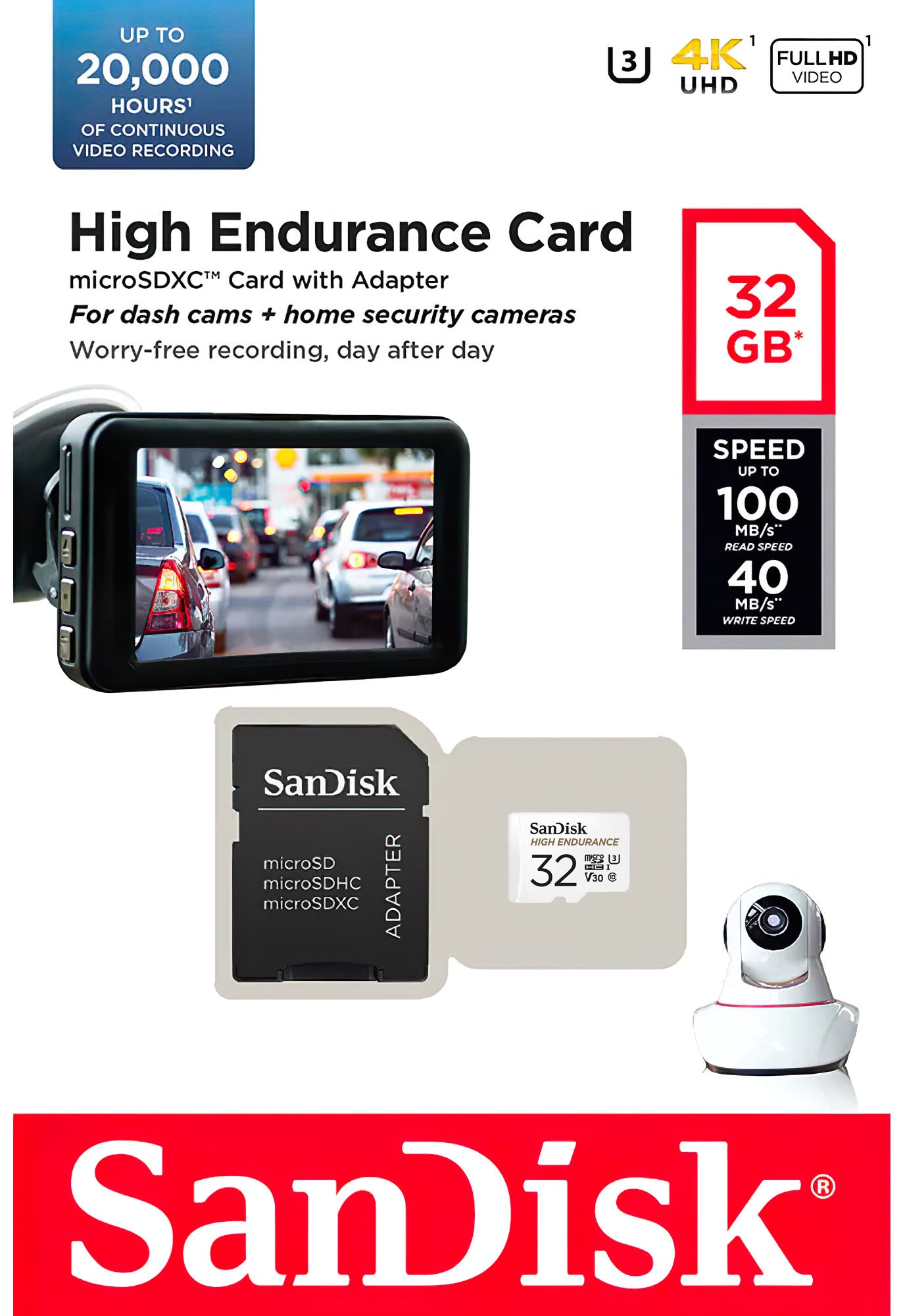 Carte Mémoire microSDHC SanDisk High Endurance, 32Go, Classe 10 / UHS-1 U3, Avec Adaptateur SDSQQNR-032G-GN6IA