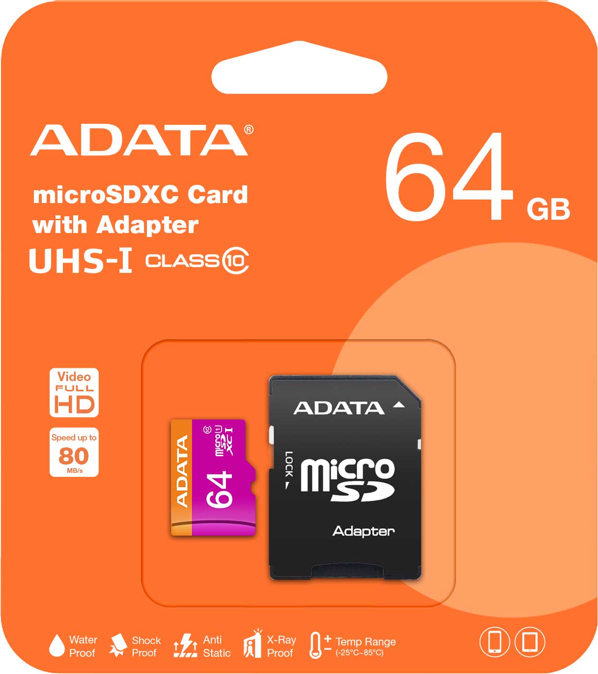 Carte mémoire Adata microSDXC, 64 Go, Classe 10 / UHS-1 U1, avec adaptateur AUSDX64GUICL10-RA1