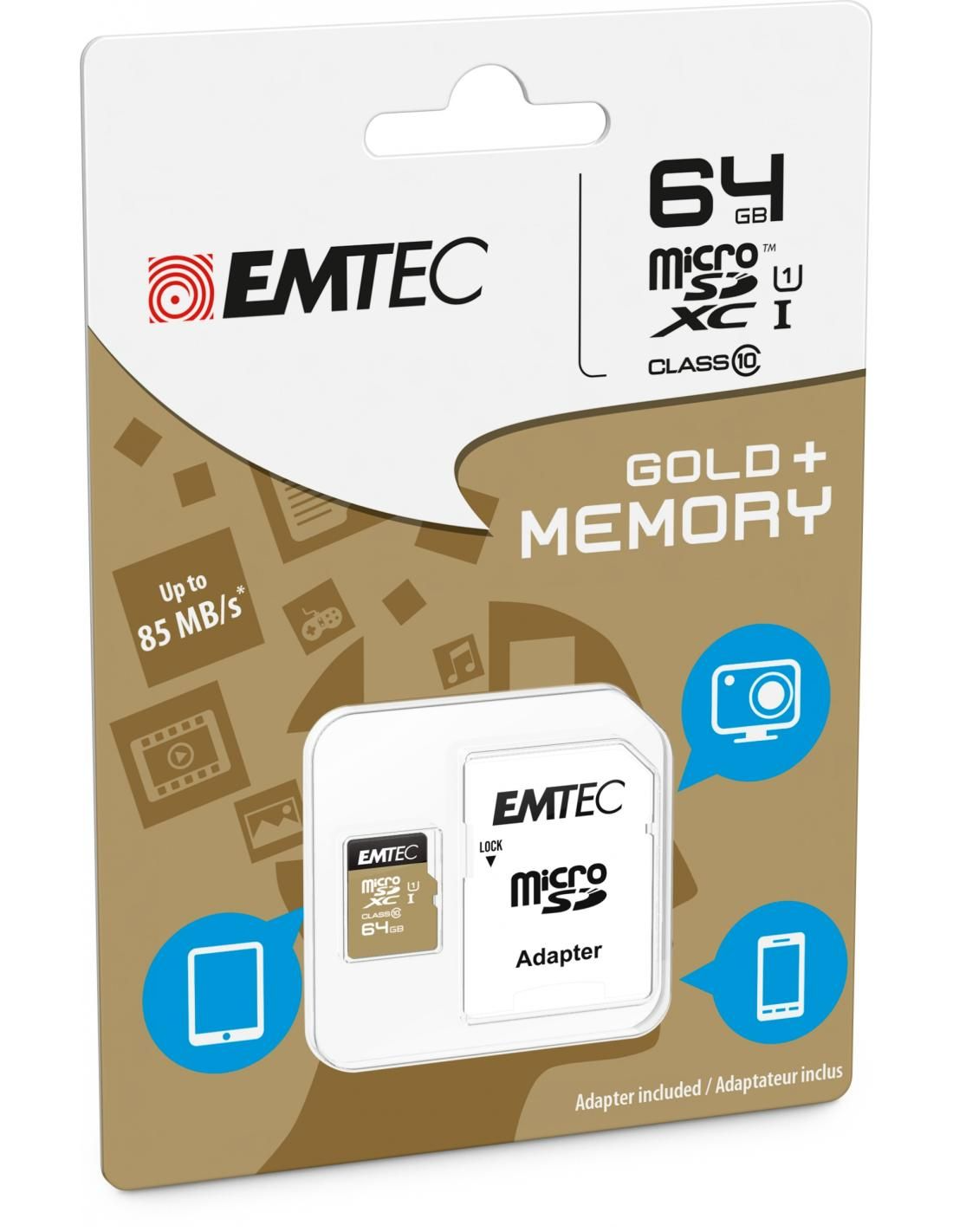 Carte mémoire microSDXC Emtec Gold+, 64Gb, Classe 10 / UHS-1 U1, Avec Adaptateur ECMSDM64GXC10GP