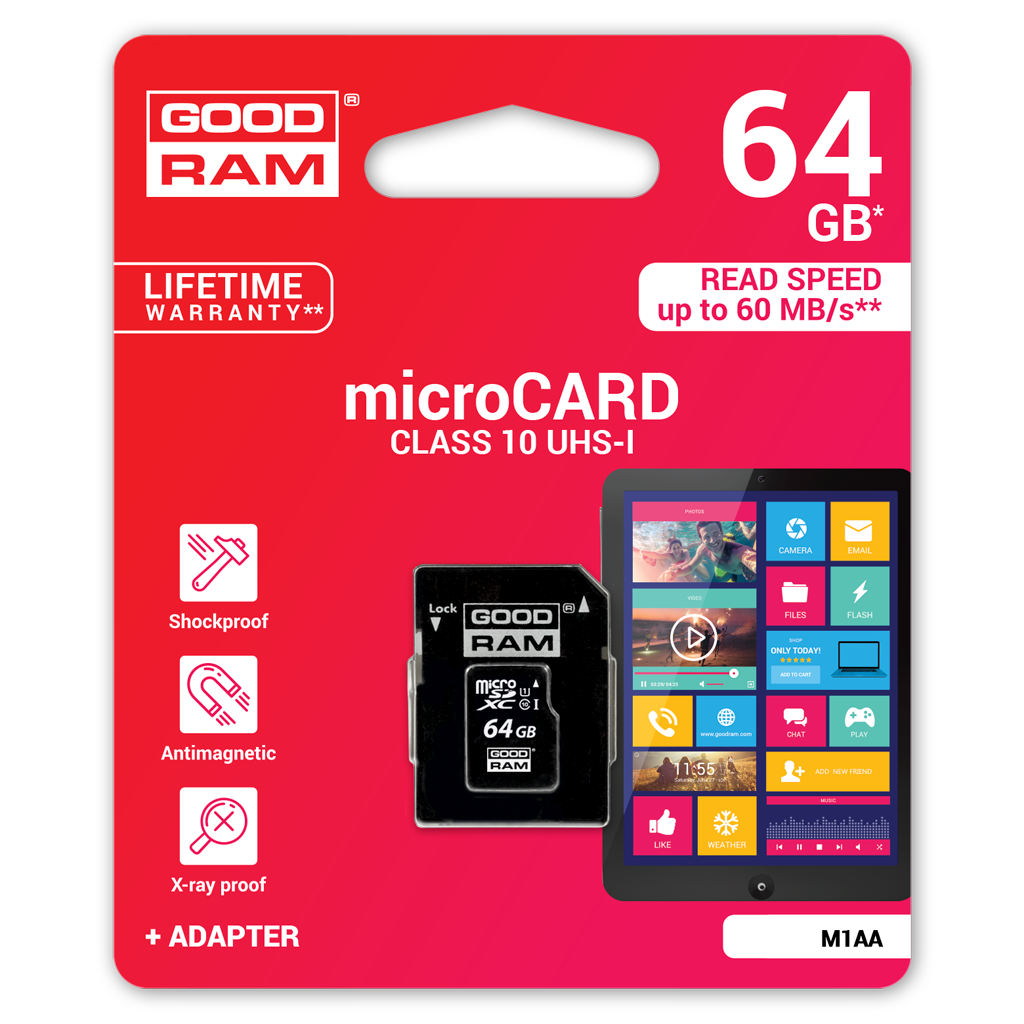 Carte Mémoire microSDXC GoodRam, 64Gb, Classe 10 / UHS-1 U1, Avec Adaptateur M1AA-0640R12