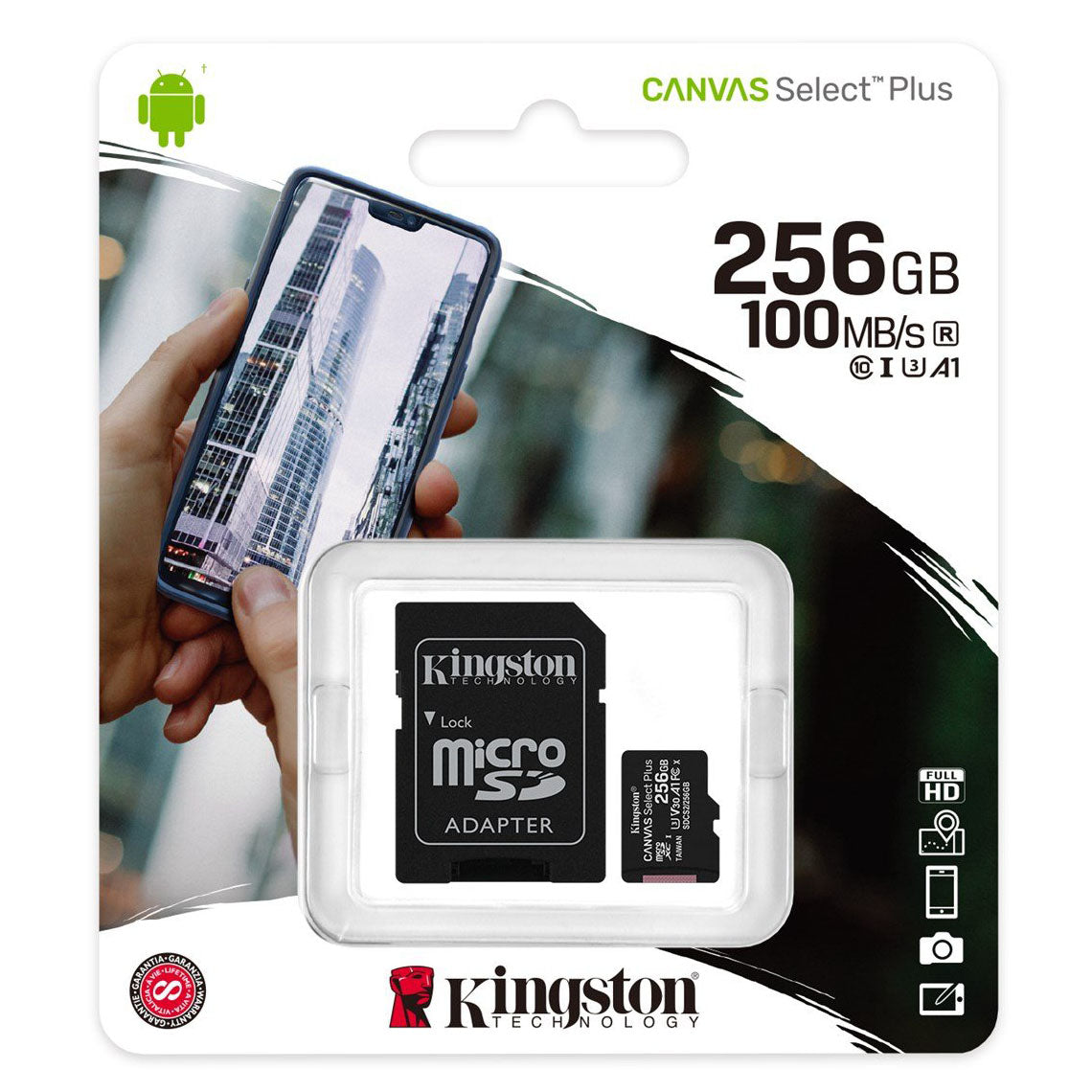 Carte mémoire microSDXC Kingston Canvas Select Plus Android A1, 256 Go, Classe 10 / UHS-1 U1, avec adaptateur SDCS2/256 Go