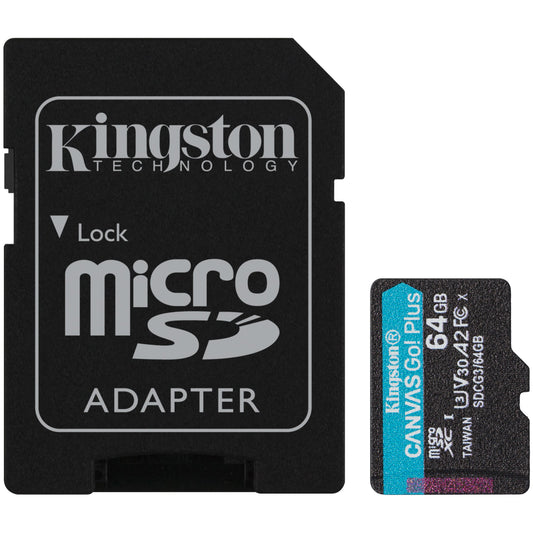 Carte mémoire Kingston Canvas Go Plus microSDXC Kingston Canvas Go Plus, 64 Go, Classe 10 / UHS-1 U3, avec adaptateur SDCG3/64GB