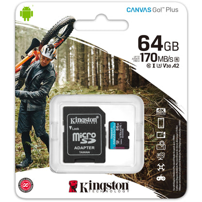 Carte mémoire Kingston Canvas Go Plus microSDXC Kingston Canvas Go Plus, 64 Go, Classe 10 / UHS-1 U3, avec adaptateur SDCG3/64GB