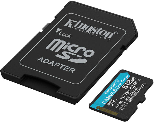 Kingston Canvas Go Plus microSDXC Memory Card Android A2, 512Gb, Class 10 / UHS-1 U3, With Adapter SDCG4/512GB