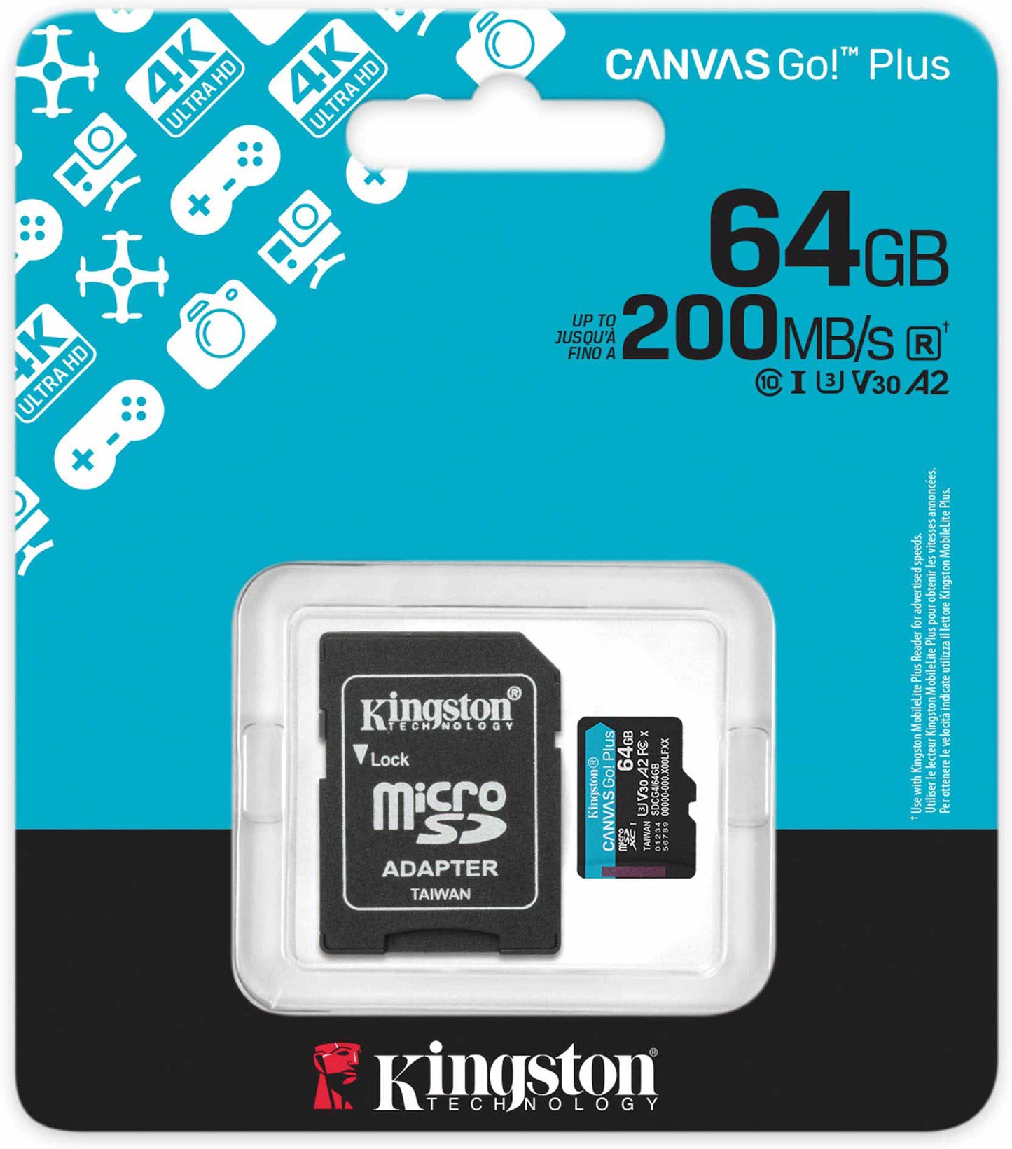 Carte mémoire microSDXC Kingston Canvas Go Plus Android A2, 64Gb, Classe 10 / UHS-1 U3, Avec Adaptateur SDCG4/64GB