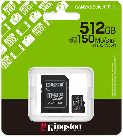 Carte mémoire microSDXC Kingston Canvas Select Plus Android A1, 512Go, Classe 10 / UHS-1 U3, Avec Adaptateur SDCS3/512GB