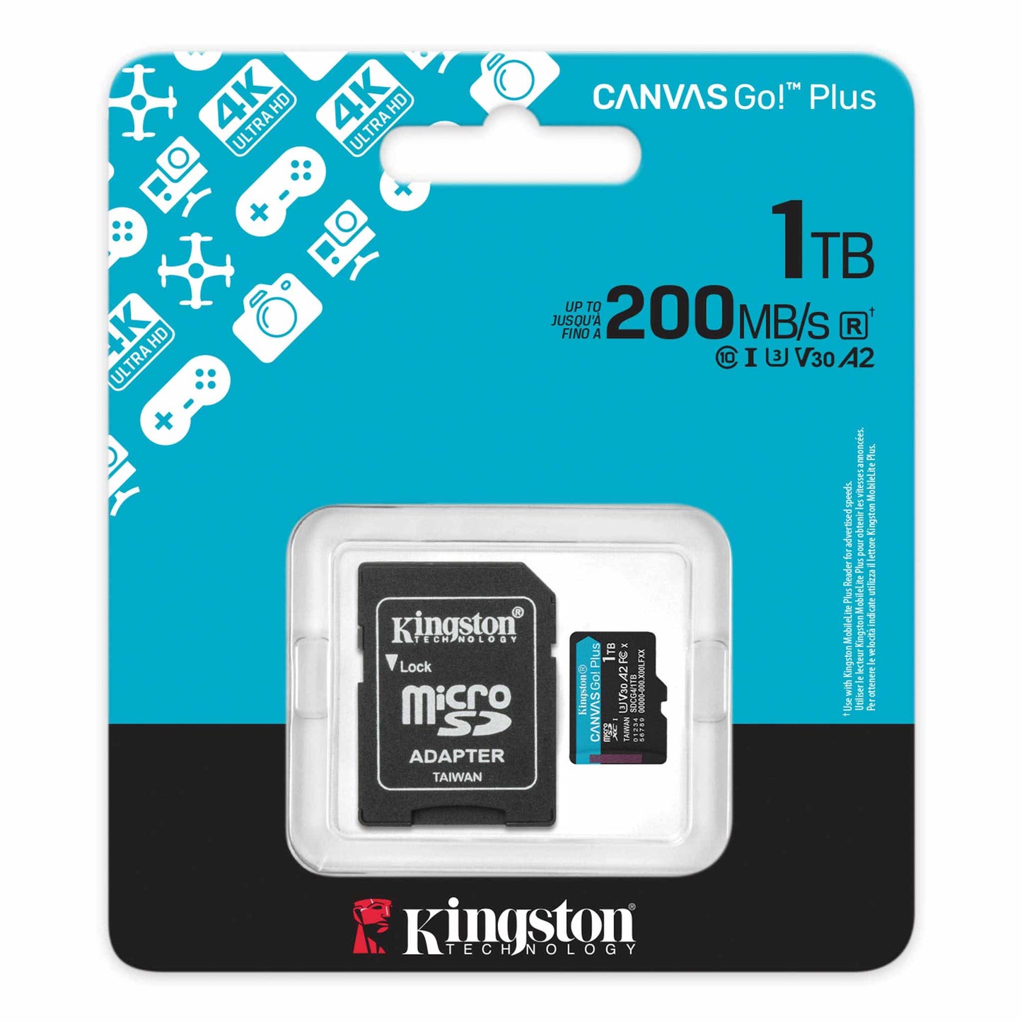 Carte mémoire microSDXC Kingston Canvas Go Plus Android A2, 1TB, Classe 10 / UHS-1 U3, avec adaptateur SDCG4/1TB