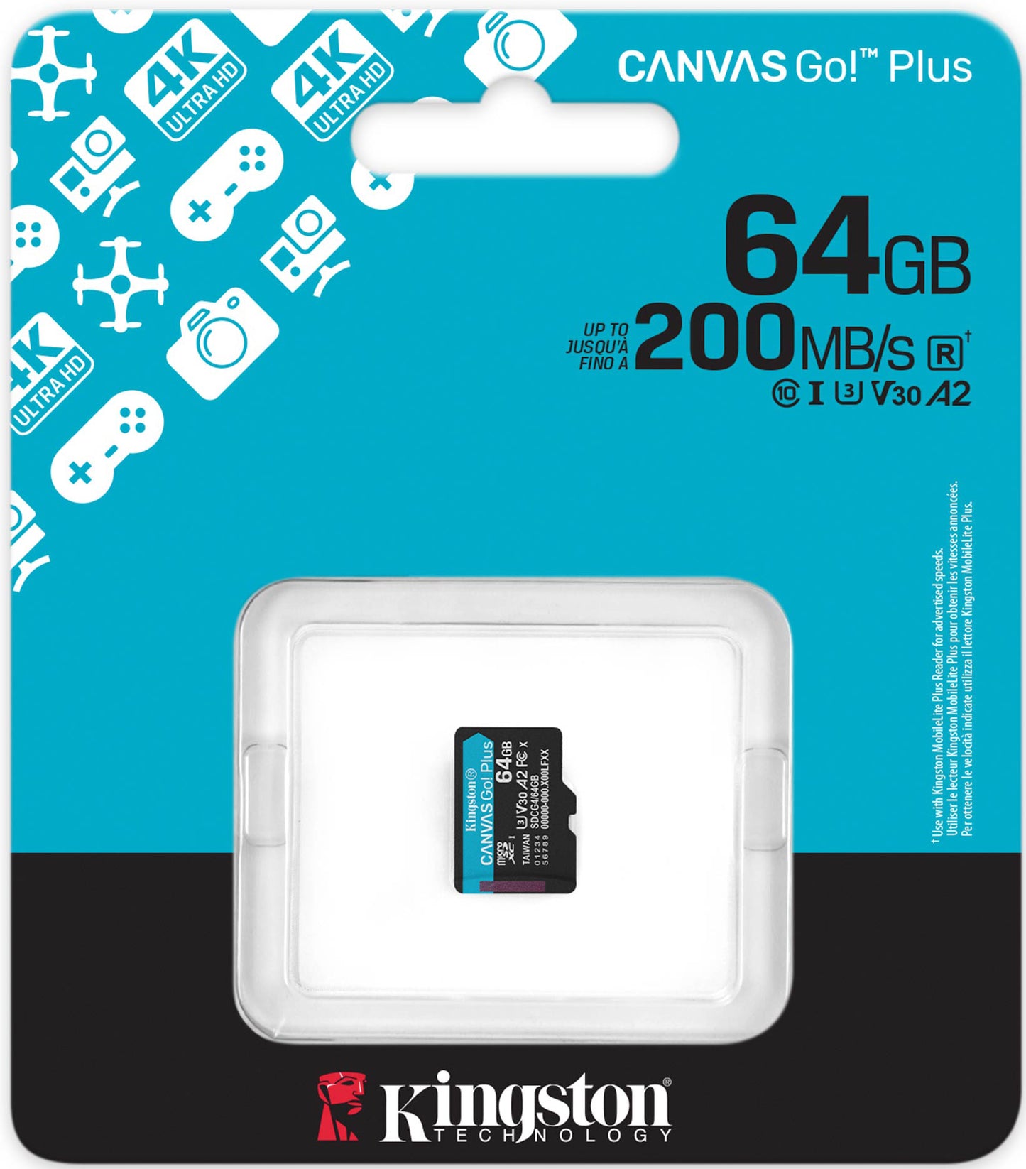 Carte mémoire microSDXC Kingston Canvas Go Plus Android A2, 64Gb, Classe 10 / UHS-1 U3 SDCG4/64GBSP