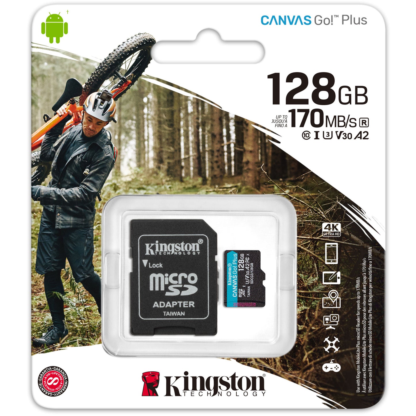 Carte mémoire microSDXC Kingston Canvas Go Plus, 128 Go, Classe 10 / UHS-1 U3, avec adaptateur SDCG3/128 Go 