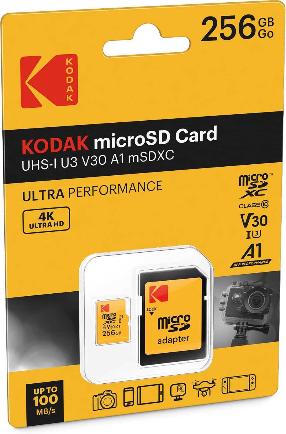 Carte Mémoire microSDXC Kodak, 256Gb, Classe 10 / UHS-1 U3, Avec Adaptateur EKMSDM256GXC10HPRK