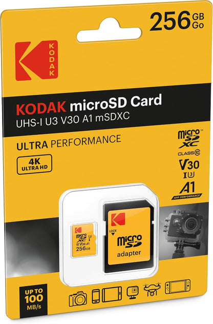 Carte Mémoire microSDXC Kodak, 256Gb, Classe 10 / UHS-1 U3, Avec Adaptateur EKMSDM256GXC10HPRK