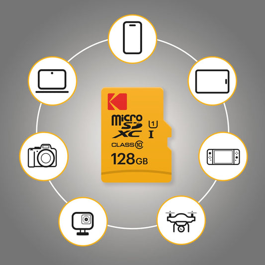 Carte mémoire microSDXC Kodak Premium Performance, 128Gb, Classe 10 / UHS-1 U1, Avec Adaptateur EKMSDM128GXC10K