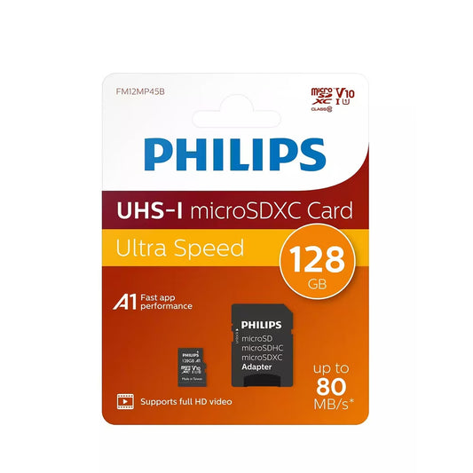 Carte mémoire microSDXC Philips, 128Gb, Classe 10 / UHS-1 U1, avec adaptateur FM12MP45B/10