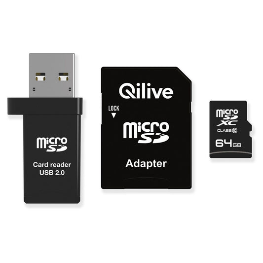 Carte mémoire microSDXC Qilive, 64Gb, Classe 10, avec lecteur de carte et adaptateur EKMSDM64GXC10QL