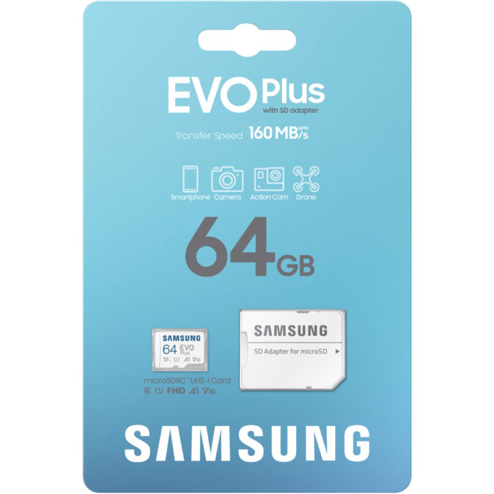 Carte mémoire microSDXC Samsung Evo Plus, 64Gb, Classe 10 / UHS-1 U1, Avec Adaptateur MB-MC64SA/EU