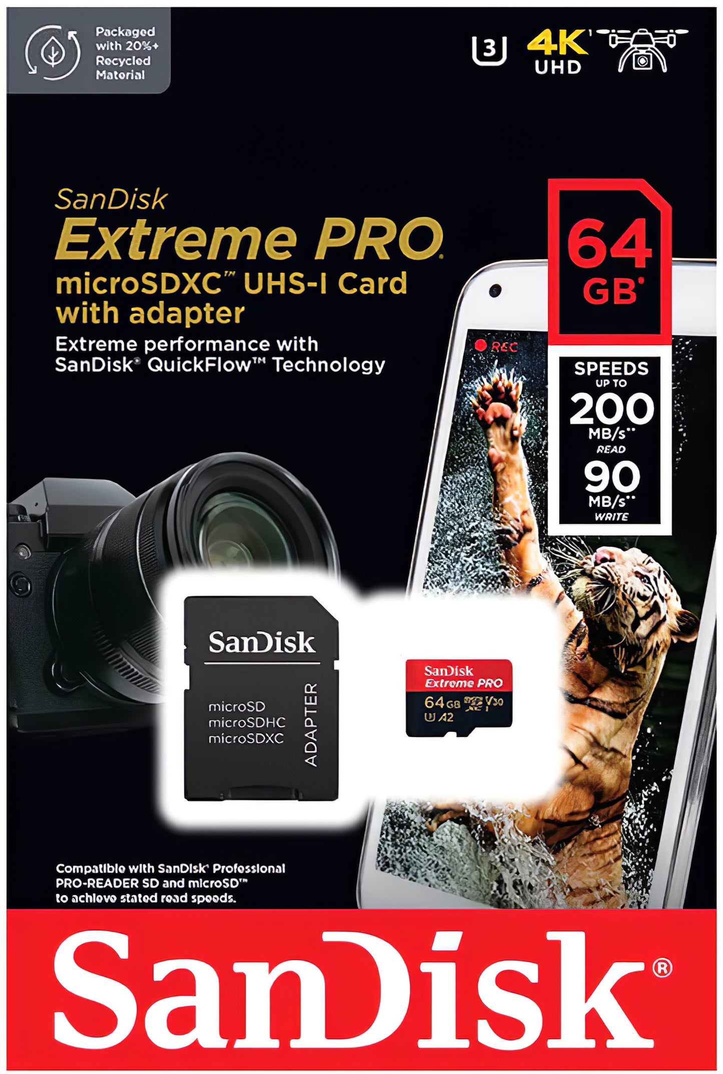 Carte mémoire microSDXC SanDisk Extreme Pro, 64Gb, Classe 10 / UHS-1 U3, avec adaptateur SDSQXCU-064G-GN6MA