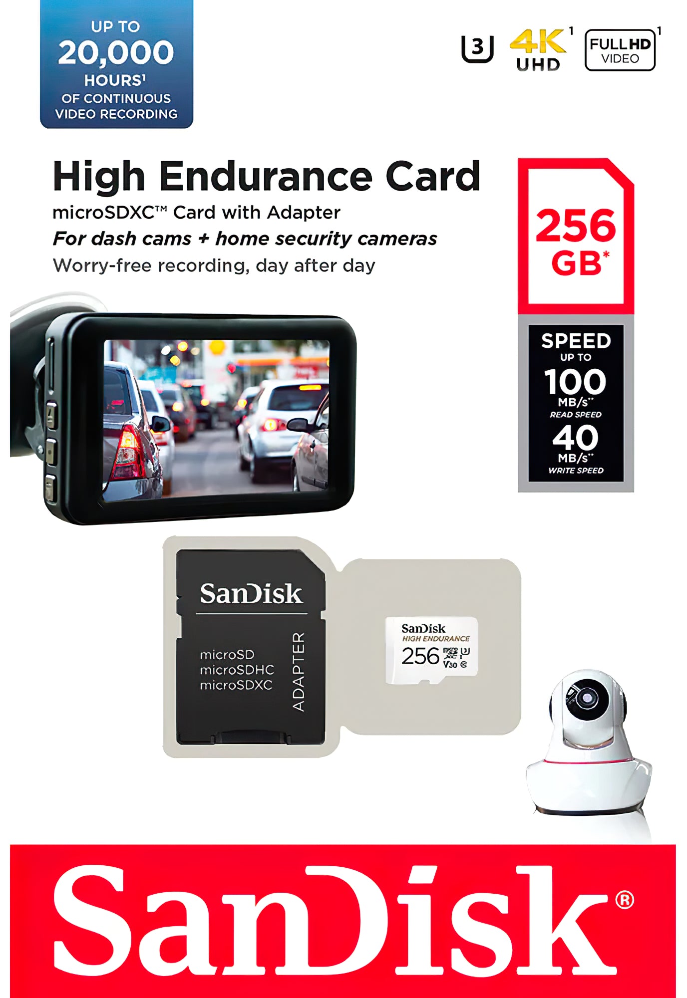 Carte mémoire microSDXC SanDisk High Endurance, 256Gb, Classe 10 / UHS-1 U3, avec adaptateur SDSQQNR-256G-GN6IA