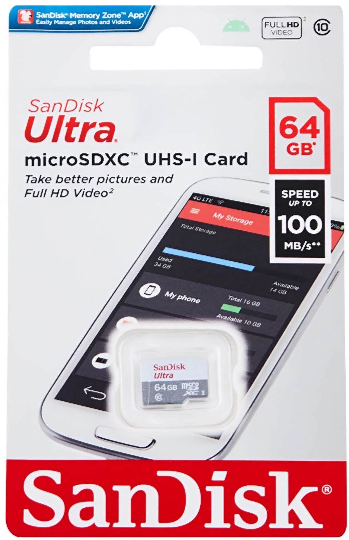 Carte mémoire microSDXC SanDisk Ultra, 64Gb, Classe 10 SDSQUNR-064G-GN3MN