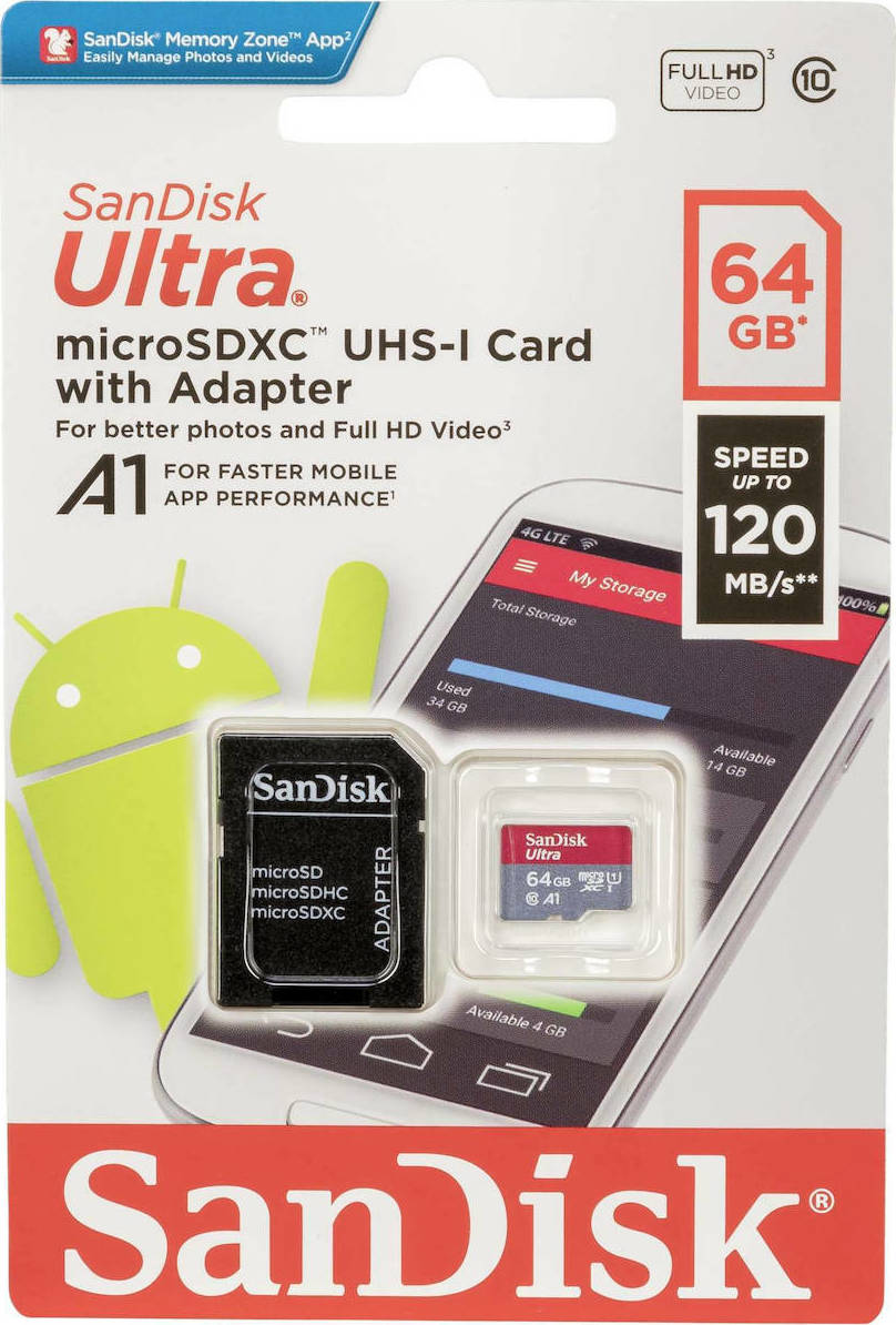 Carte mémoire microSDXC SanDisk Ultra Android A1, 64Gb, Classe 10 / UHS-1 U1, Avec Adaptateur SDSQUAB-064G-GN6MA
