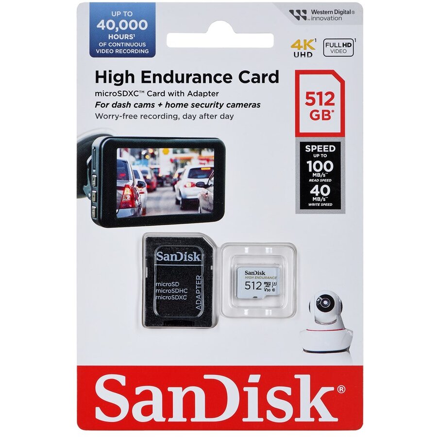 Carte mémoire microSDXC SanDisk High Endurance, 512Go, Classe 10 / UHS-1 U3, Avec Adaptateur SDSQQNR-512G-GN6IA