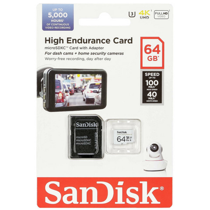 Carte mémoire microSDXC SanDisk High Endurance, 64Gb, Classe 10 / UHS-1 U3, avec adaptateur SDSQQNR-064G-GN6IA