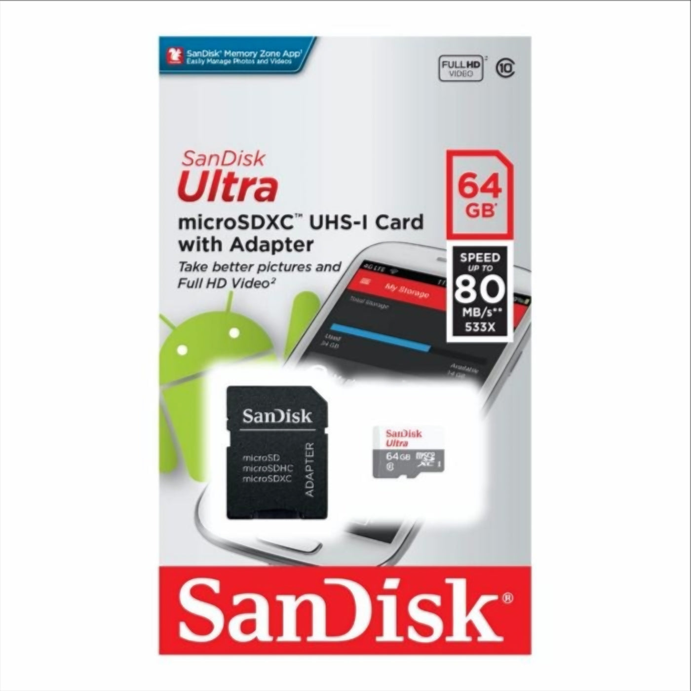 Carte mémoire microSDXC SanDisk Ultra, 64Go, Classe 10, Avec Adaptateur SDSQUNR-064G-GN3MA