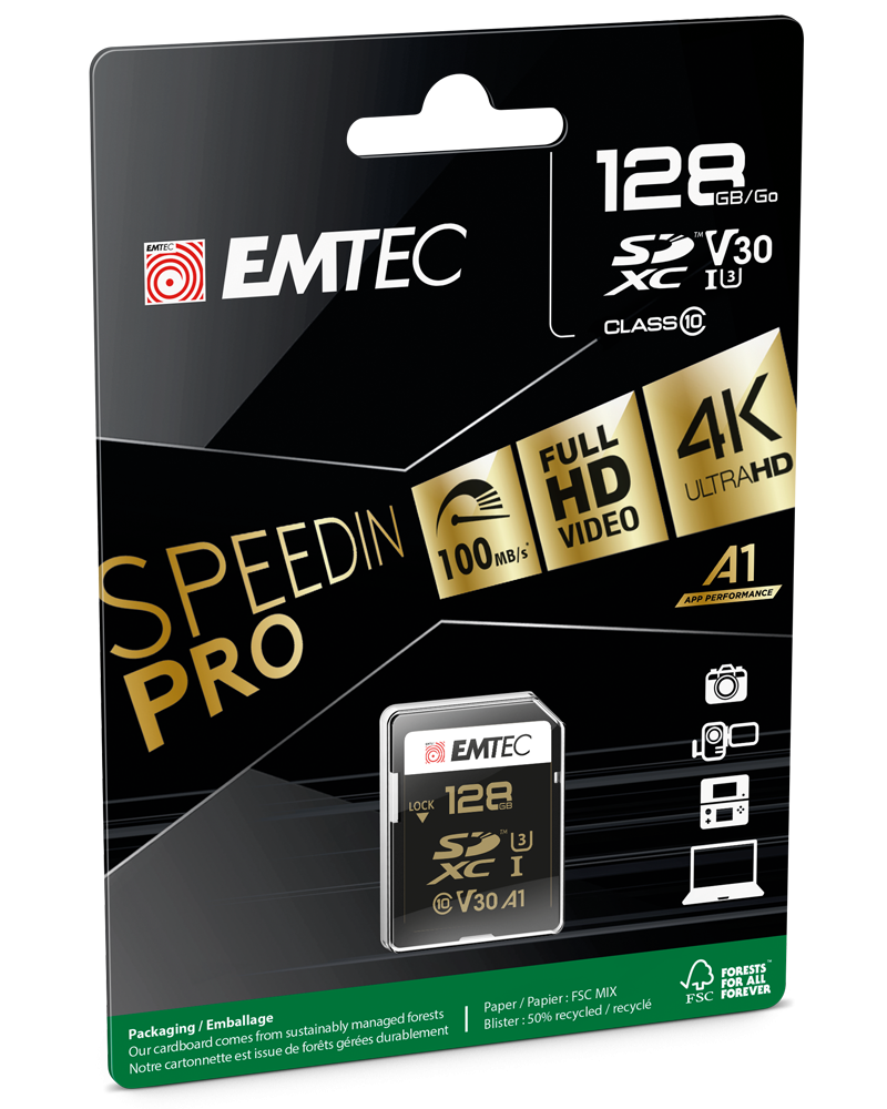 Carte mémoire SDXC Emtec SpeedIn Pro, 128Gb, Classe 10 / UHS-1 U3 ECMSD128GXC10SP