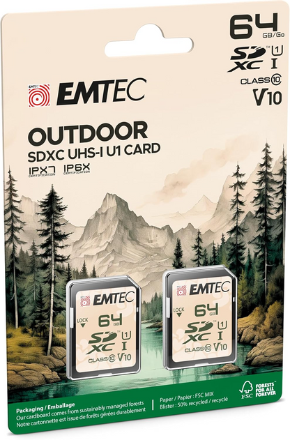 Carte Mémoire SDXC Emtec Rugged Outdoor, 64Go, Classe 10 / UHS-1 U1, Lot de 2 pièces ECMSD64GXCU1ORP2