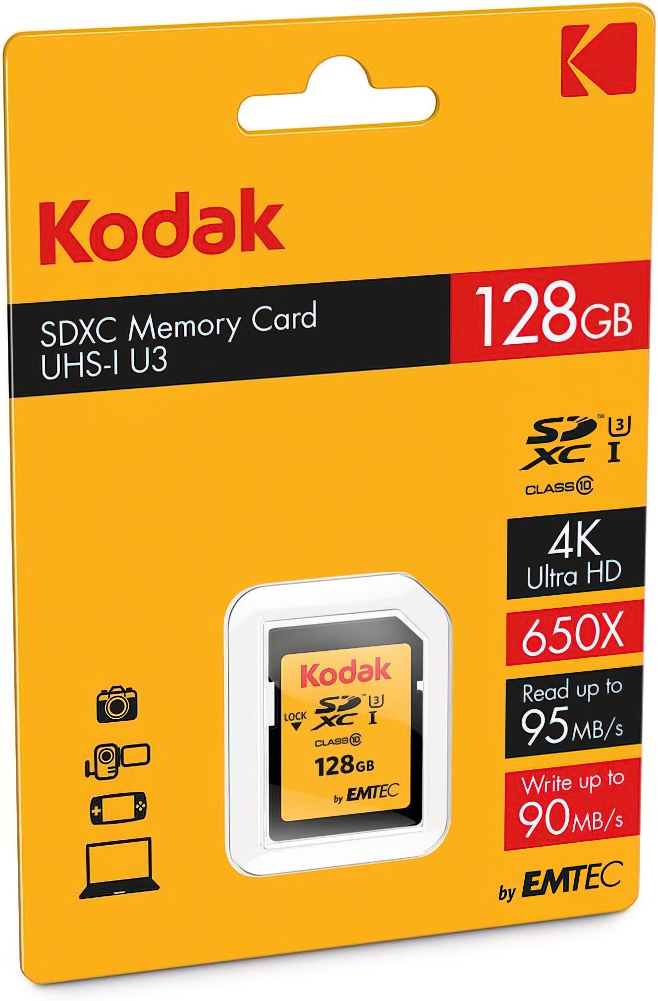 Carte mémoire SDXC Kodak, 128Gb, Classe 10 / UHS-1 U3 EKMSD128GXC10HPRK