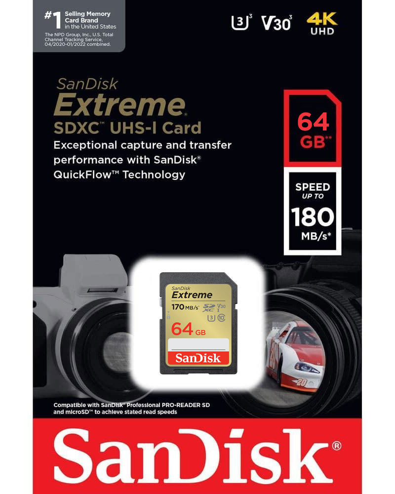 Carte mémoire SDXC SanDisk Extreme, 64Gb, Classe 10 / UHS-1 U3 SDSDXV2-064G-GNCIN