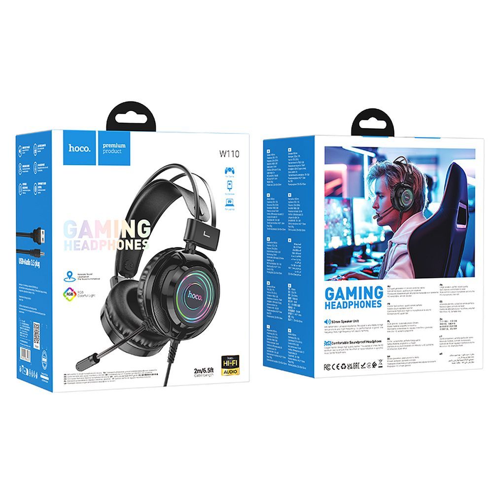 Casque Gaming 3,5 mm HOCO W110, RGB, Noir