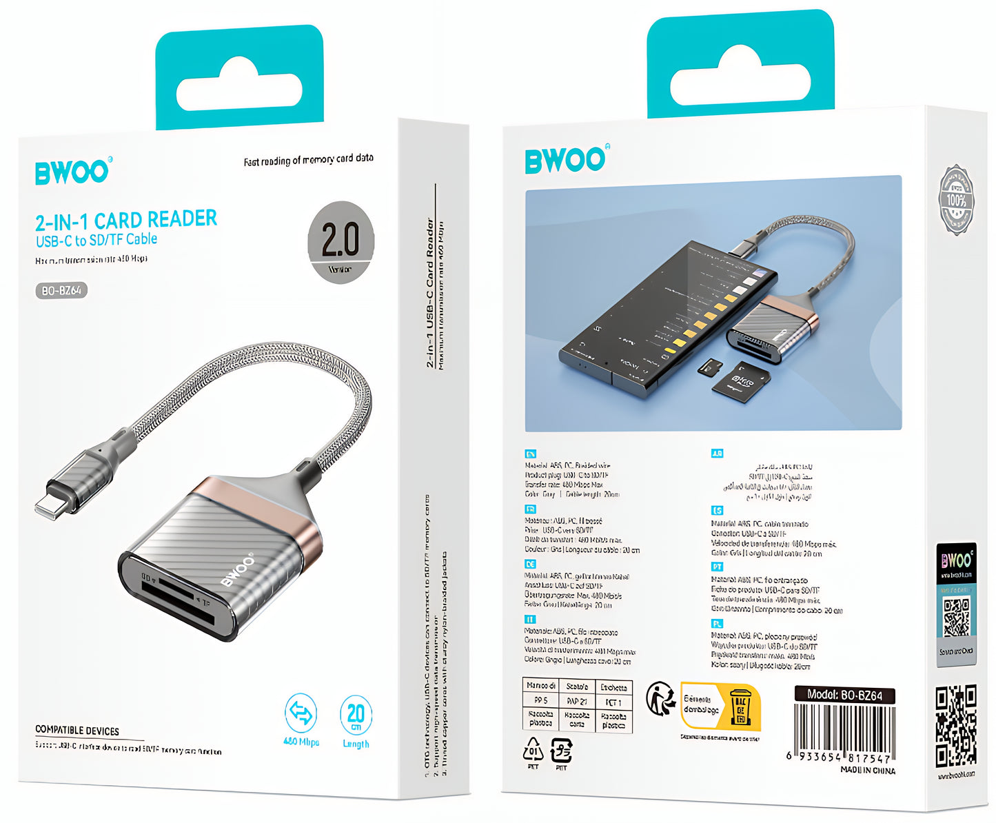 Lecteur de carte USB-C BWOO BZ64, SD - microSD, Gris