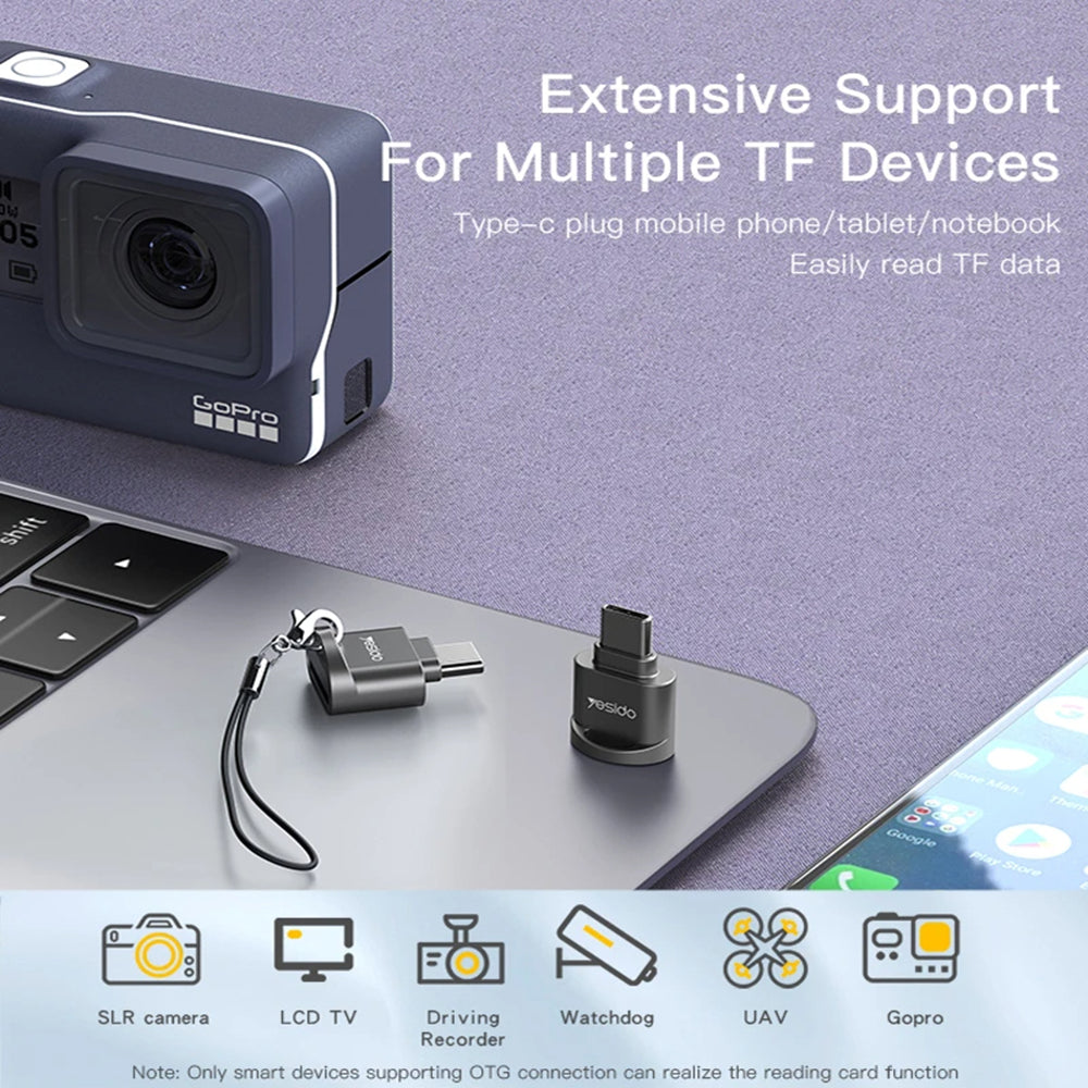 Lecteur de carte USB-C Yesido GS19, USB-A (OTG) - microSD, Gris