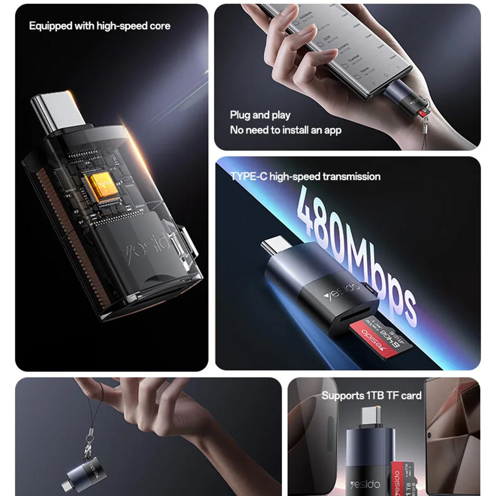 Lecteur de carte USB Yesido GS37, microSD, Noir