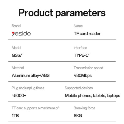 Lecteur de carte USB Yesido GS37, microSD, Noir
